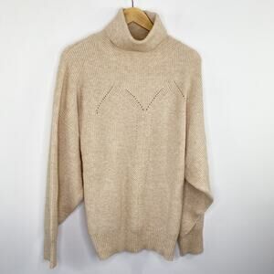 Molly Bracken Women Tunic Sweater XL Cream Tan Cable Knit Turtleneck Minimalist